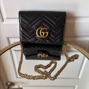 Gucci Marmont Chain Wallet Black Quilted Leather Crossbody Bag